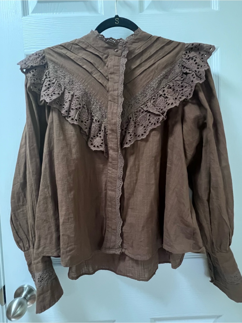 Free People Women’s Edwardian Chocolate Brown Eyelet Gauzy Boho Blouse Size S
